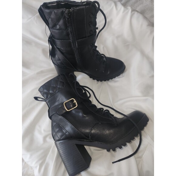 NWT Express Mid Ankle Lug Combat Boots SIZE 7 Black Gold Buckle Quilted Side Zip - Picture 4 of 7